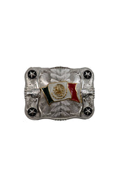 Symmetrical Silver Rectangle Mexico Flag Belt Buckle