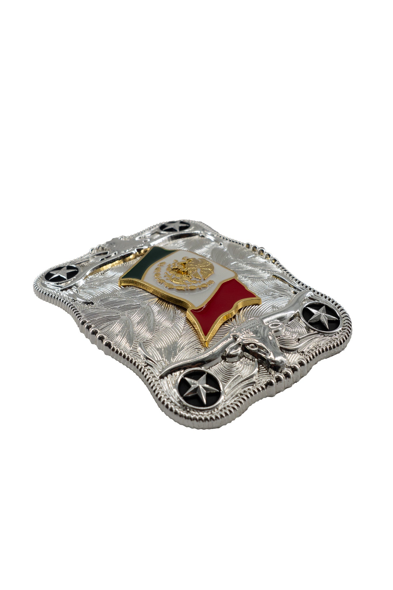 Symmetrical Silver Rectangle Mexico Flag Belt Buckle