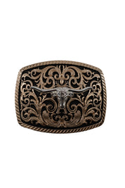 Gold Intricate Scrollwork Longhorn Belt Buckle