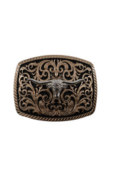 Gold Intricate Scrollwork Longhorn Belt Buckle