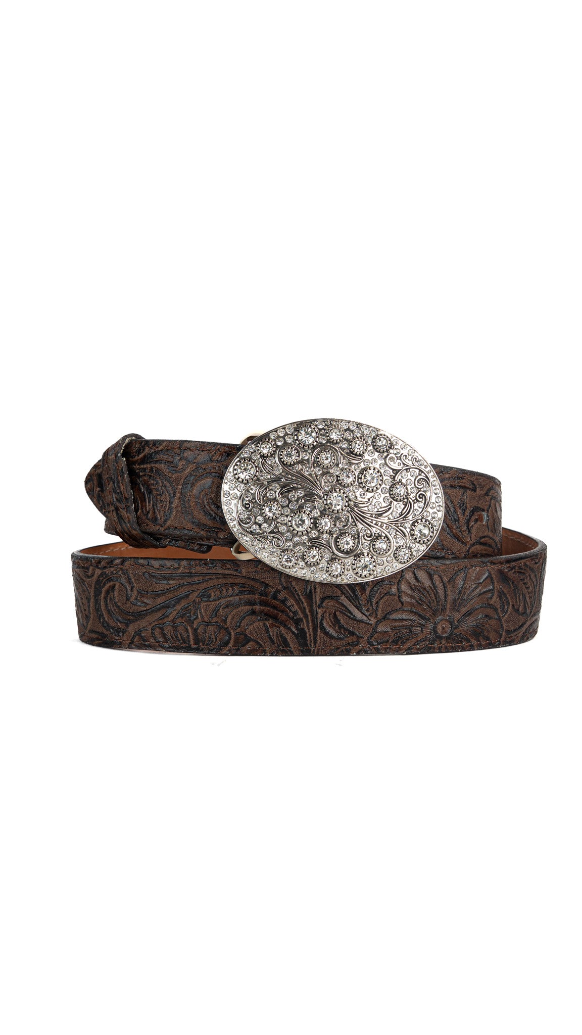 Rhinestone Buckle Tooled Cowgirl Belt