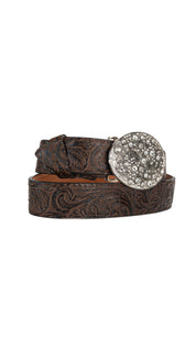 Rhinestone Buckle Tooled Cowgirl Belt