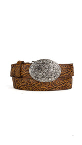 Rhinestone Buckle Tooled Cowgirl Belt
