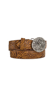 Rhinestone Buckle Tooled Cowgirl Belt