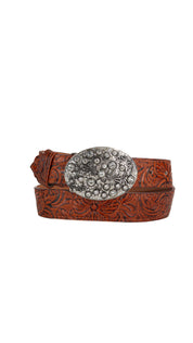 Rhinestone Buckle Tooled Cowgirl Belt