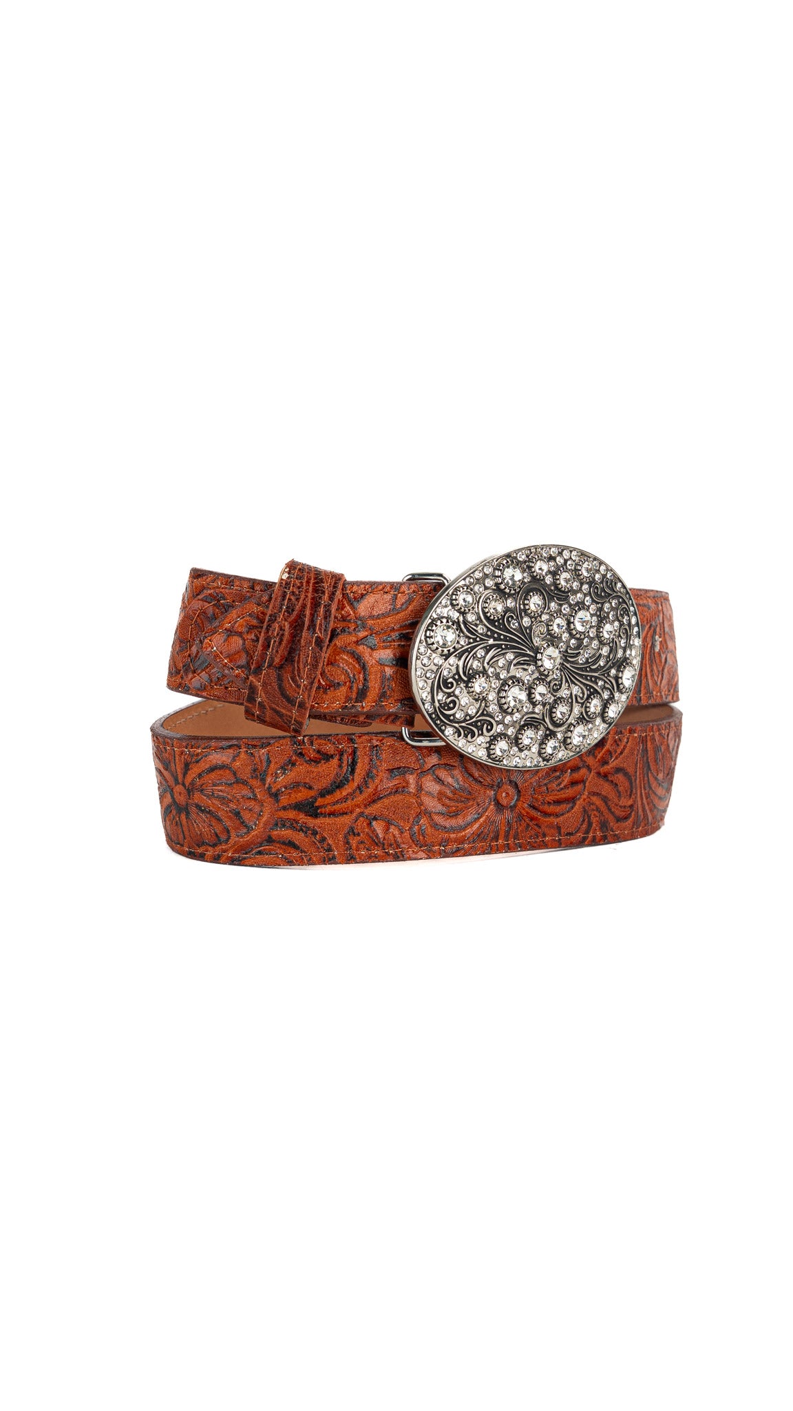 Rhinestone Buckle Tooled Cowgirl Belt