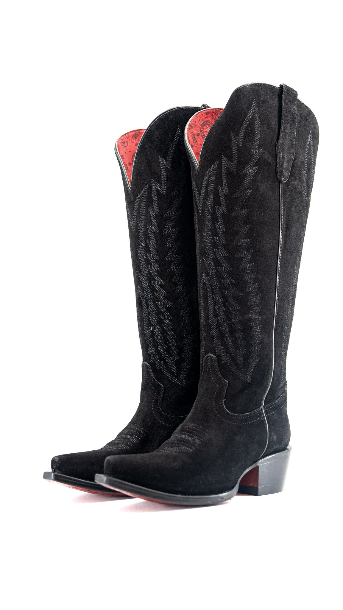 Presley Suede Tall Red Bottom Wide Calf Snip Toe Cowgirl Boot
