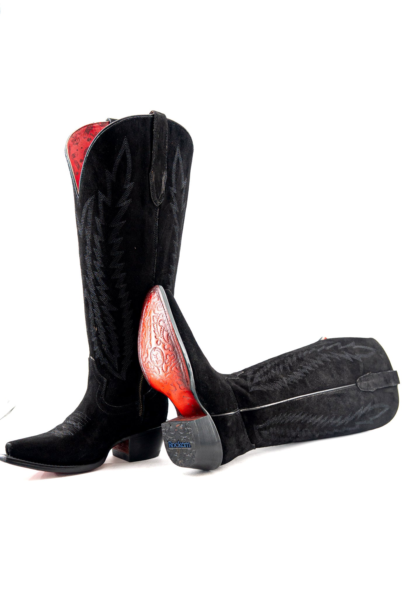 Presley Suede Tall Red Bottom Wide Calf Snip Toe Cowgirl Boot