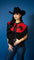 A cropped, Western-style vest featuring a red suede upper cape embroidered with a black horse profile, layered over long, flowing black fringe that falls to the waist.