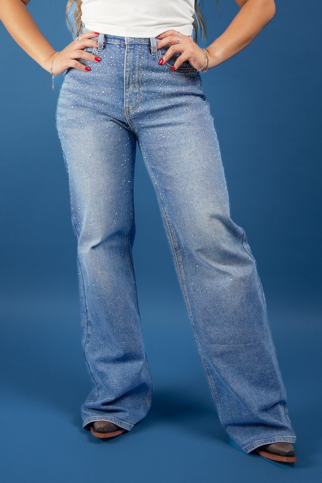 Rhinestone High-Rise Wide-Leg Jeans