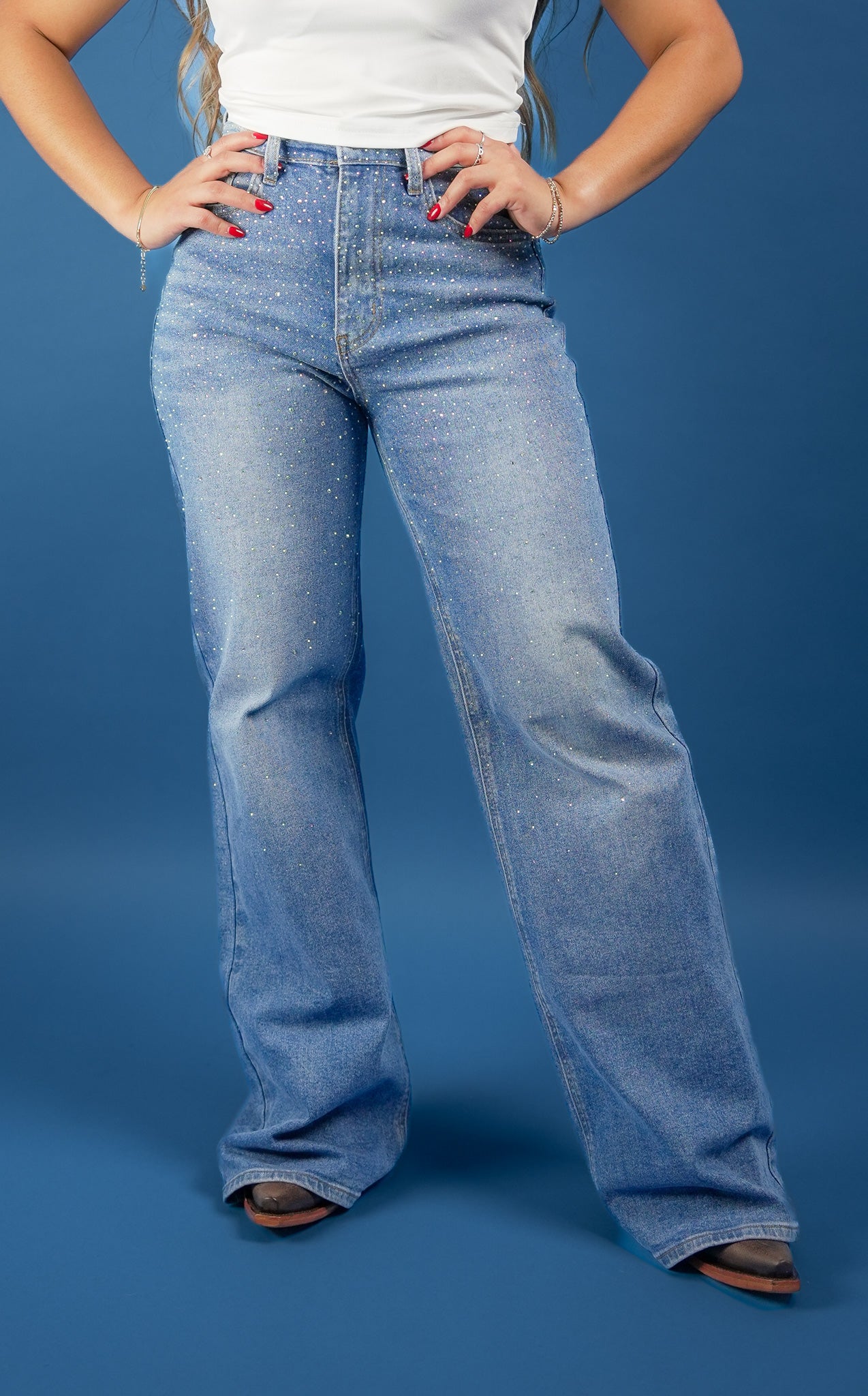 Rhinestone High-Rise Wide-Leg Jeans