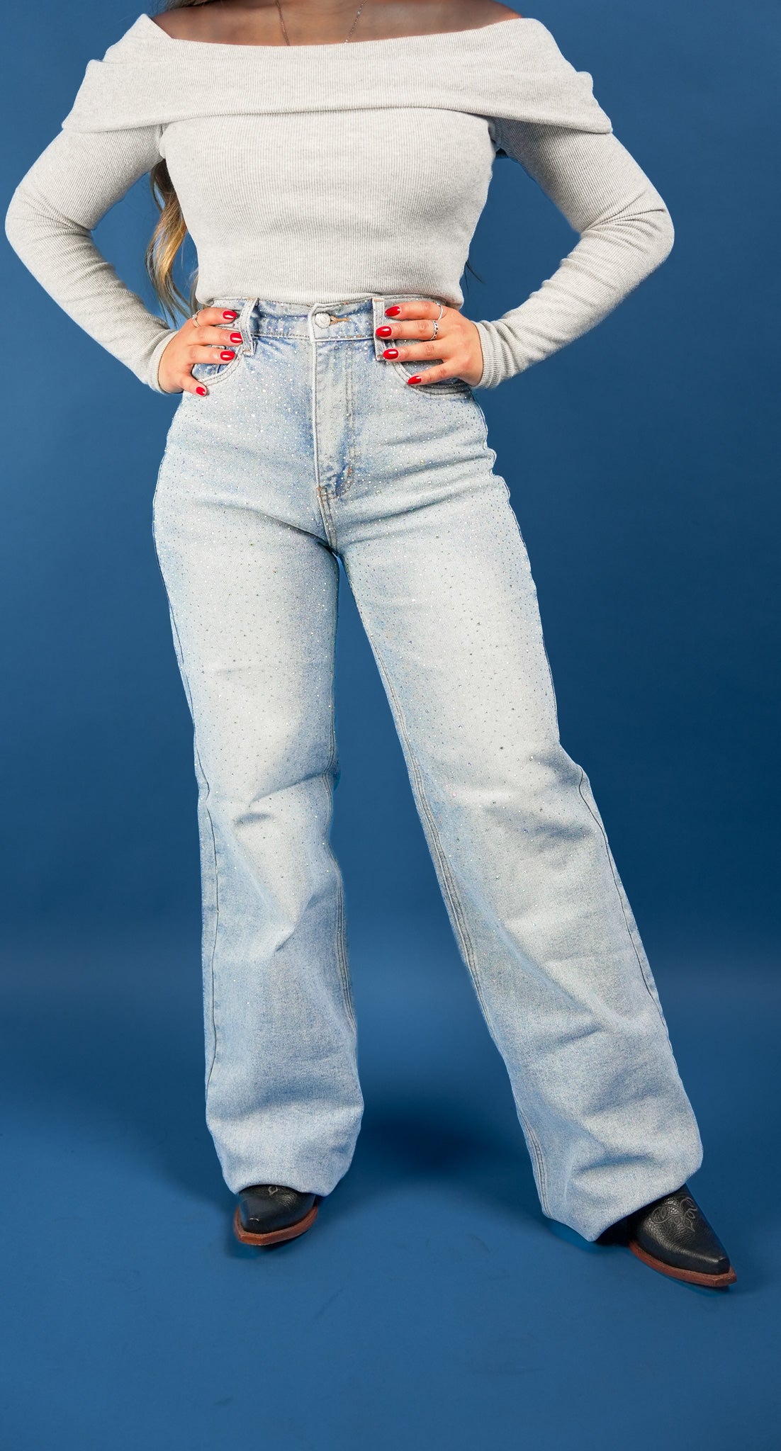 Rhinestone High-Rise Wide-Leg Jeans