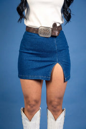 Sophia High Rise Front Slit Denim Mini Skirt