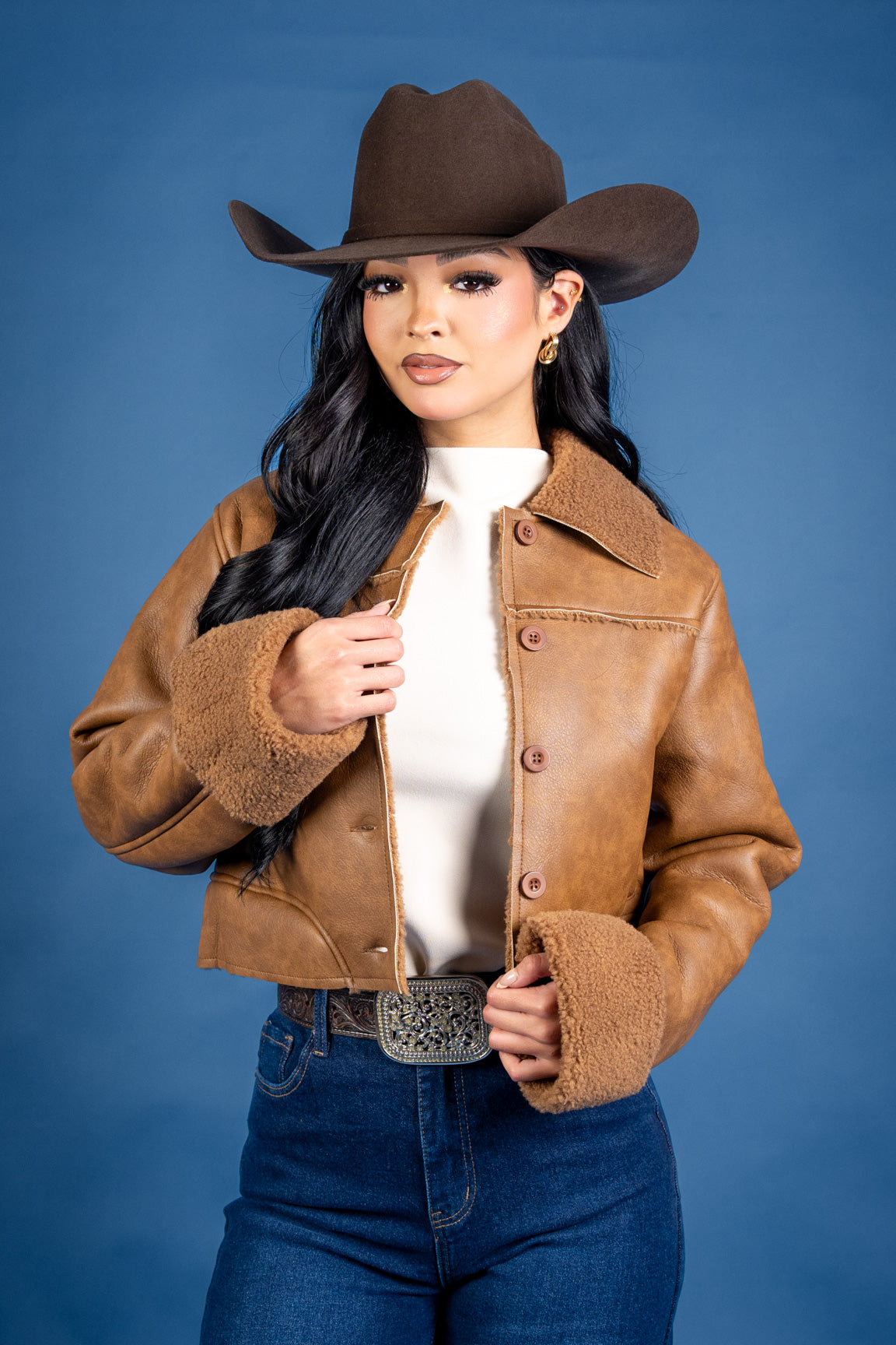 Cassia Faux Leather Shearling Collared Jacket