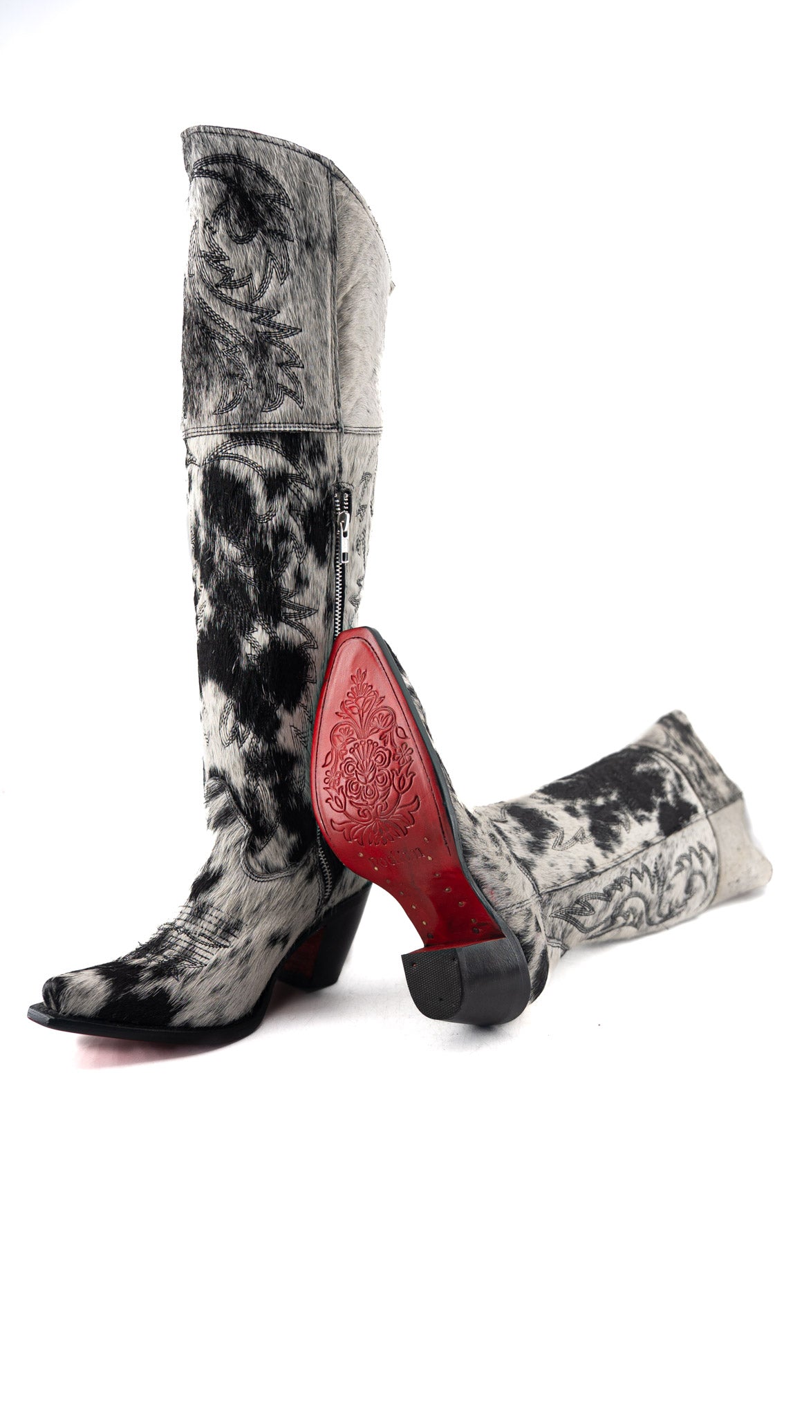 Blanca J Cowhide Knee High Red Bottom Snip Toe Cowgirl Boot Size 6.5 Box TW115