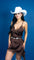Close-up view of a woman wearing a brown, lace mini dress with spaghetti straps and an asymmetrical hem.