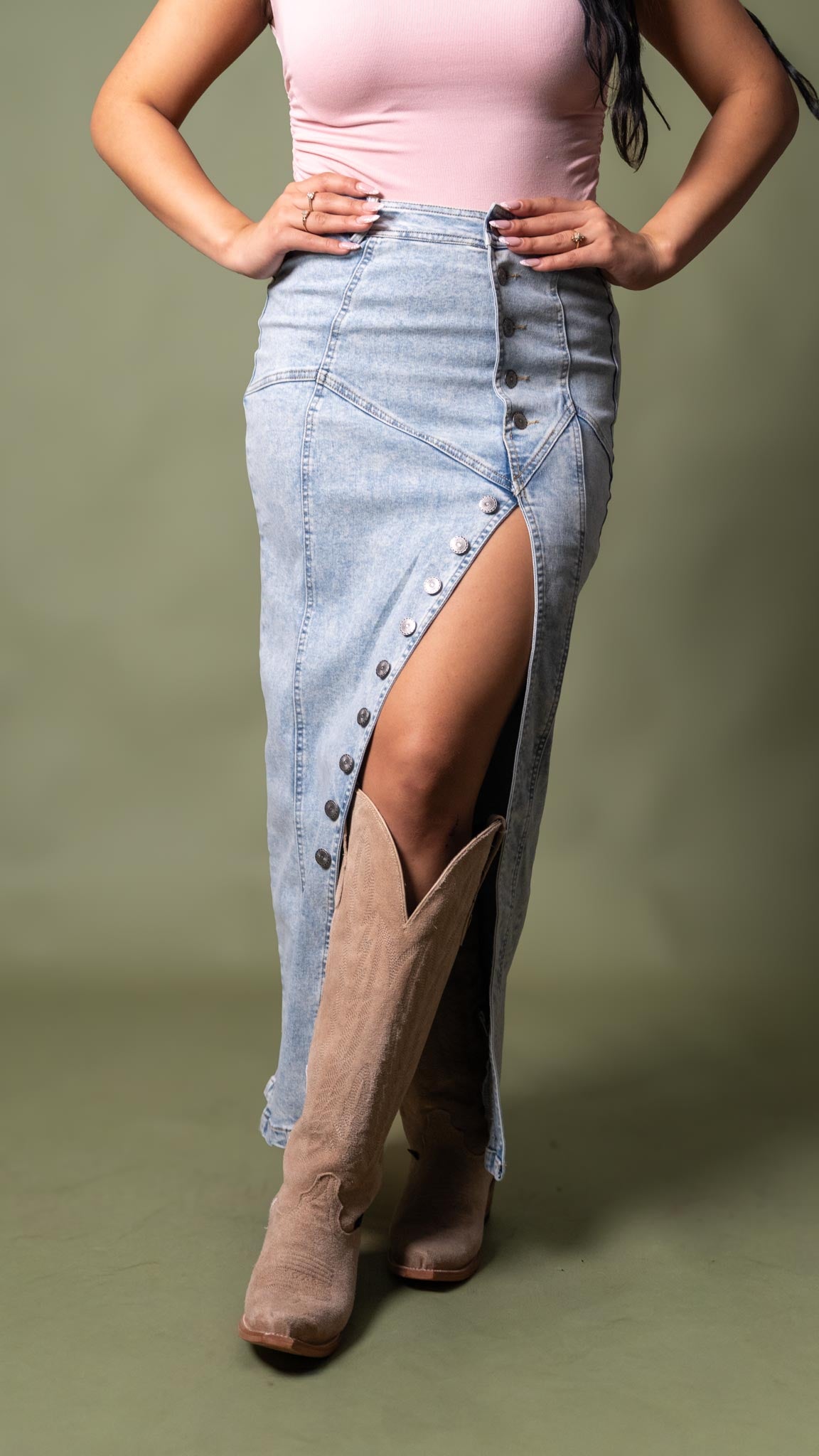 High Slit Denim Maxi Skirt