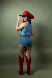 High-Rise Curved Hem Denim Mini Shorts