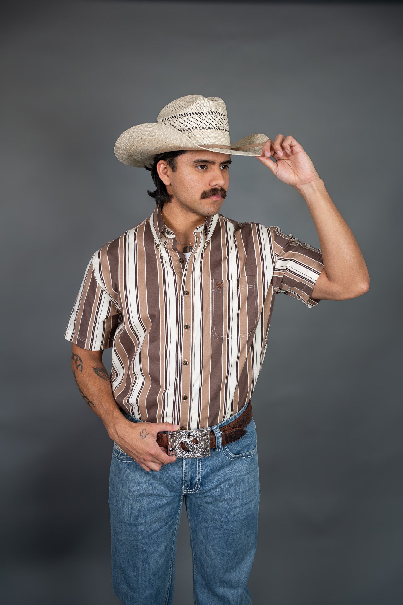 Rock & Roll Printed Striped Short Sleeve Button up