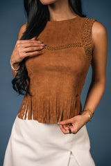 Studded Yoke Fringe Hem Top