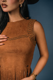 Studded Yoke Fringe Hem Top