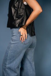 High Rise Two Back Pockets Wide Jeans