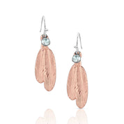 Rose gold feather-shaped earrings with blue gemstones on a white background