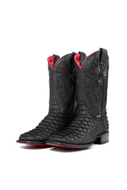 The Viper cowboy boots feature a black python-textured vamp, black stitched leather shaft, square toe, red bottom, black sole, rubber heel, and Rock'em bull emblem.