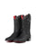 The Viper cowboy boots feature a black python-textured vamp, black stitched leather shaft, square toe, red bottom, black sole, rubber heel, and Rock'em bull emblem.