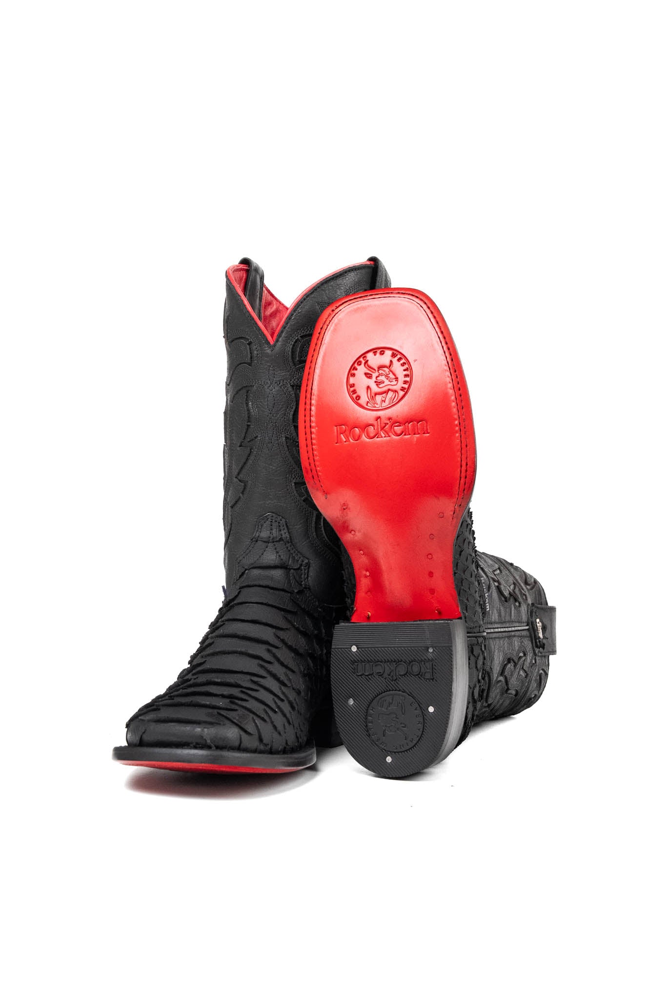 The Viper cowboy boots feature a black python-textured vamp, black stitched leather shaft, square toe, red bottom, black sole, rubber heel, and Rock'em bull emblem.
