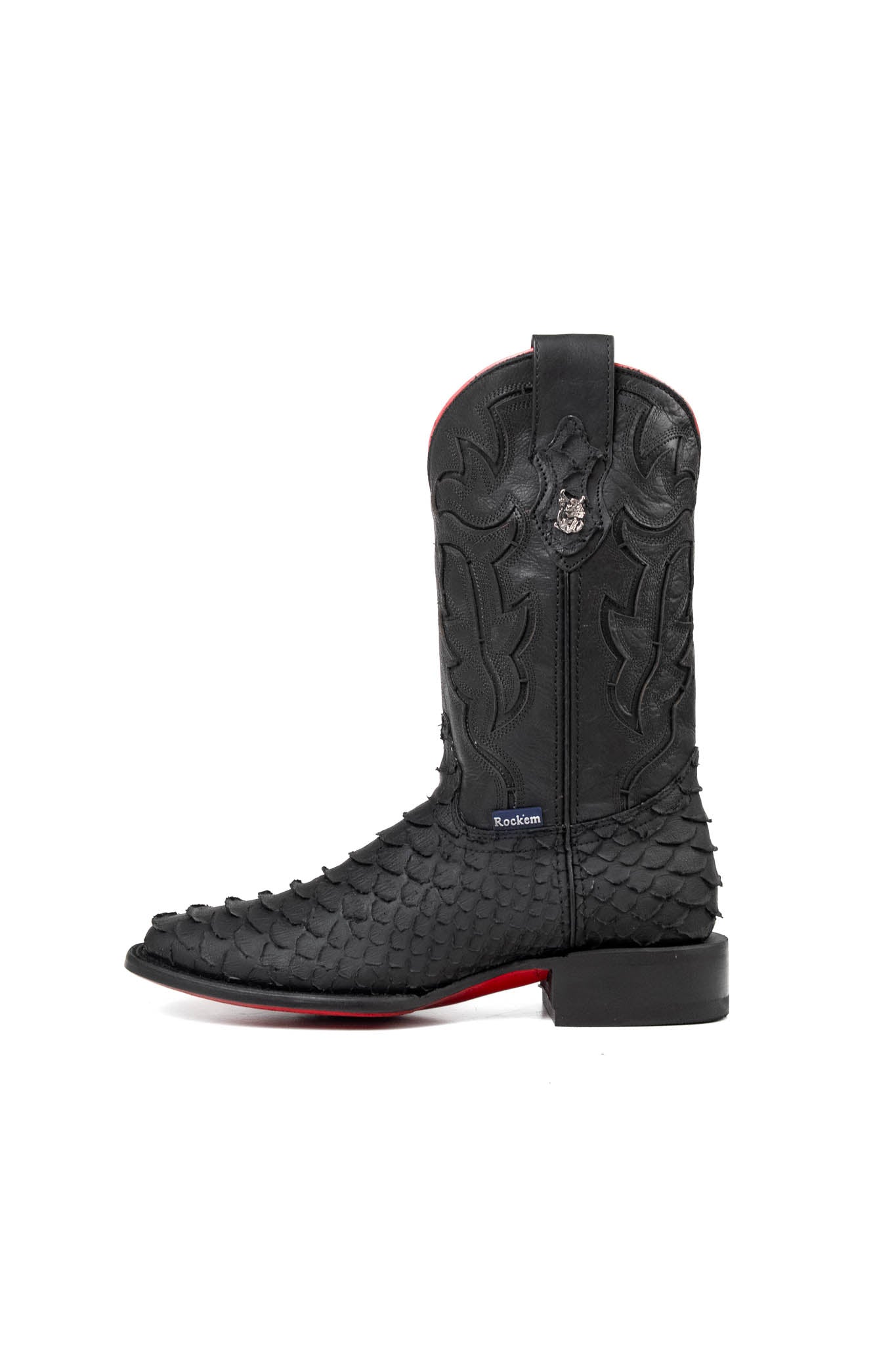 The Viper cowboy boots feature a black python-textured vamp, black stitched leather shaft, square toe, red bottom, black sole, rubber heel, and Rock'em bull emblem.