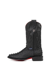 The Viper cowboy boots feature a black python-textured vamp, black stitched leather shaft, square toe, red bottom, black sole, rubber heel, and Rock'em bull emblem.