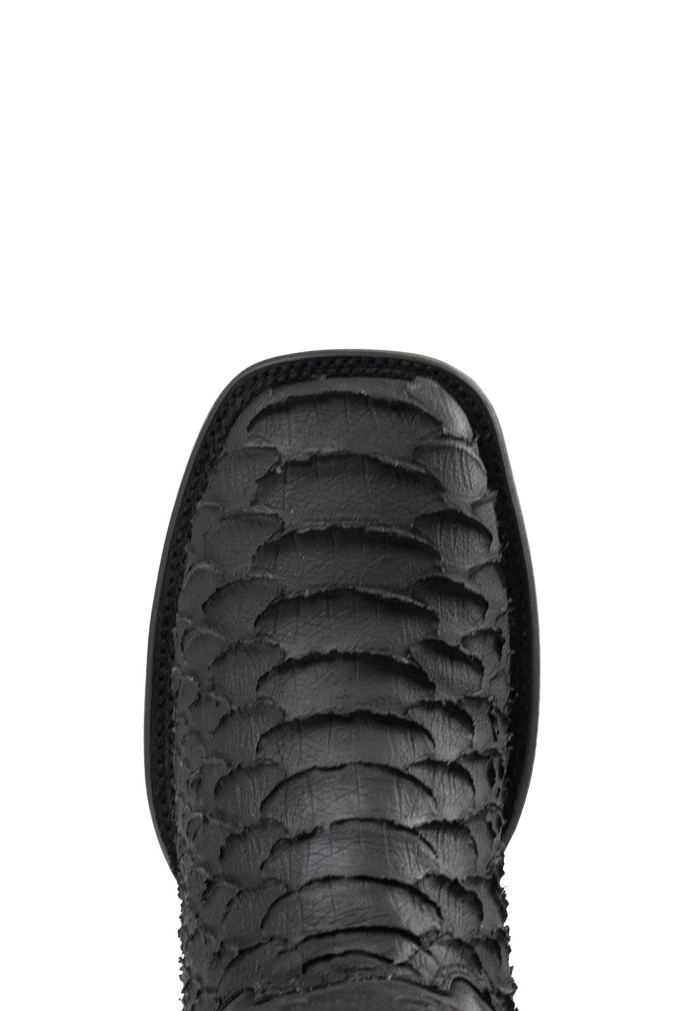 The Viper cowboy boots feature a black python-textured vamp, black stitched leather shaft, square toe, red bottom, black sole, rubber heel, and Rock'em bull emblem.