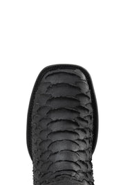 The Viper cowboy boots feature a black python-textured vamp, black stitched leather shaft, square toe, red bottom, black sole, rubber heel, and Rock'em bull emblem.