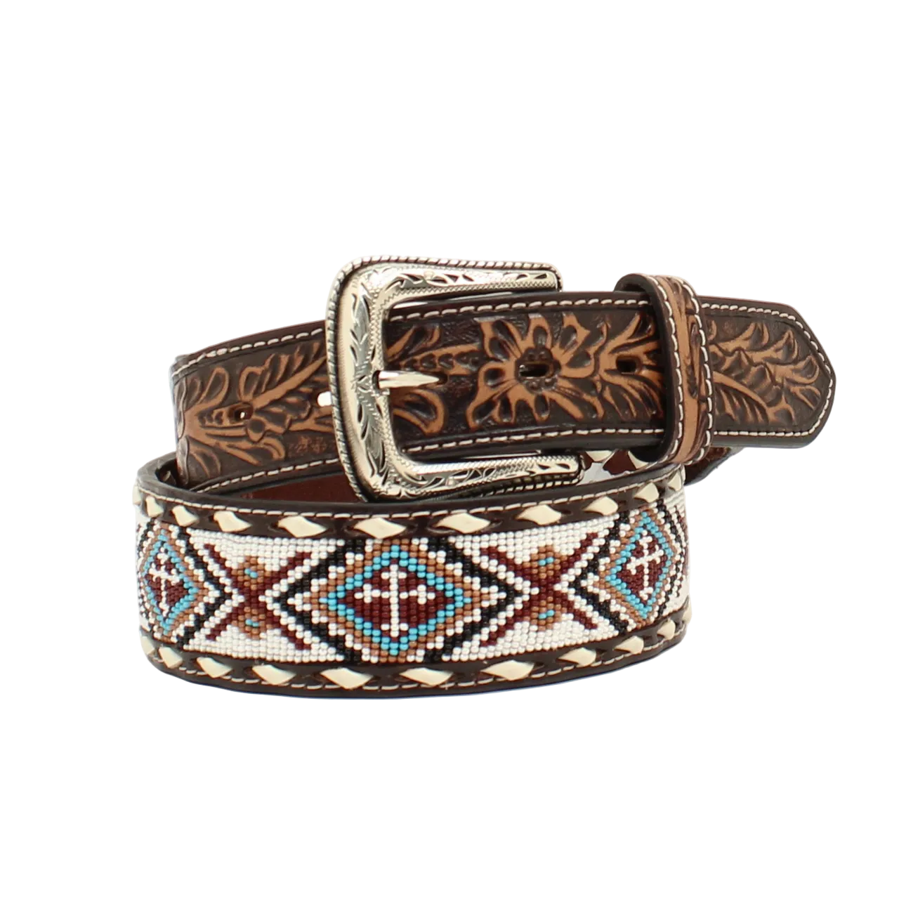 Nocona Floral Tooled Beaded Buck Lacing Cowboy Belt