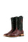 Caiman Hornback cowboy boots in black cherry, featuring a square toe, caiman vamp, black embroidered shaft, pull straps, and a stacked leather heel.
