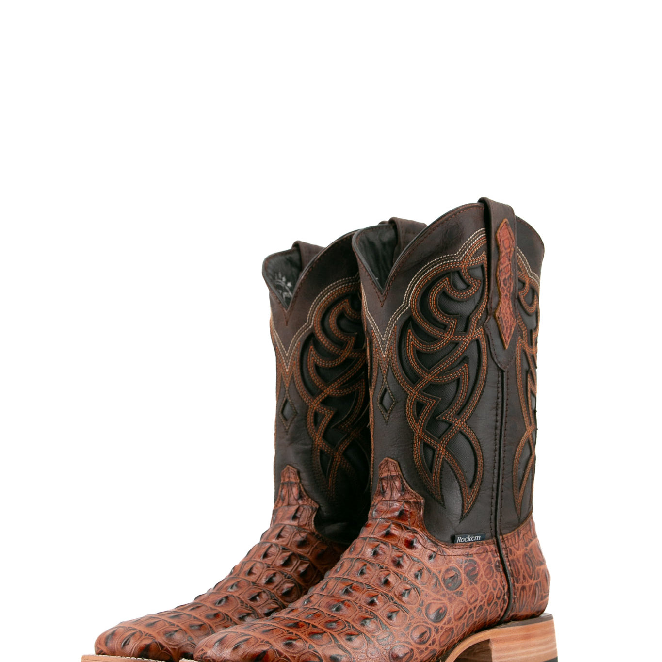 Shedron Caiman Hornback cowboy boots are genuine leather, featuring a square toe, caiman print vamp, brown embroidery shaft, rubber heel.
