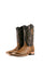 The honey Ostrich Ranch cowboy boots are genuine leather, featuring a square toe, honey ostrich print vamp, brown embroidery shaft, and rubber heel.
