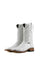 Caiman Hornback cowboy boots in white, featuring a square toe, caiman vamp, white embroidered shaft, pull straps, and a stacked leather heel.