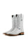 The white Ostrich Ranch cowboy boots are genuine leather, featuring a square toe, white ostrich print vamp, white embroidery shaft, and rubber heel.
