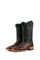 Black cherry Caiman Tail Hornback cowboy boots with genuine leather, square toe, green inlays in the shaft, and tan leather sole.
