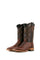 The Shedron Lizard Square Toe Cowboy Boot features genuine leather, shedron lizard print vamp, brown embroidered shaft, rubber heel, and a tan leather sole.