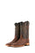 The Ostrich Matte Rustic boots in Rustic Shedron feature a square toe, ostrich quill texture, a brown leather shaft with brown embroidery, and a stacked leather heel.