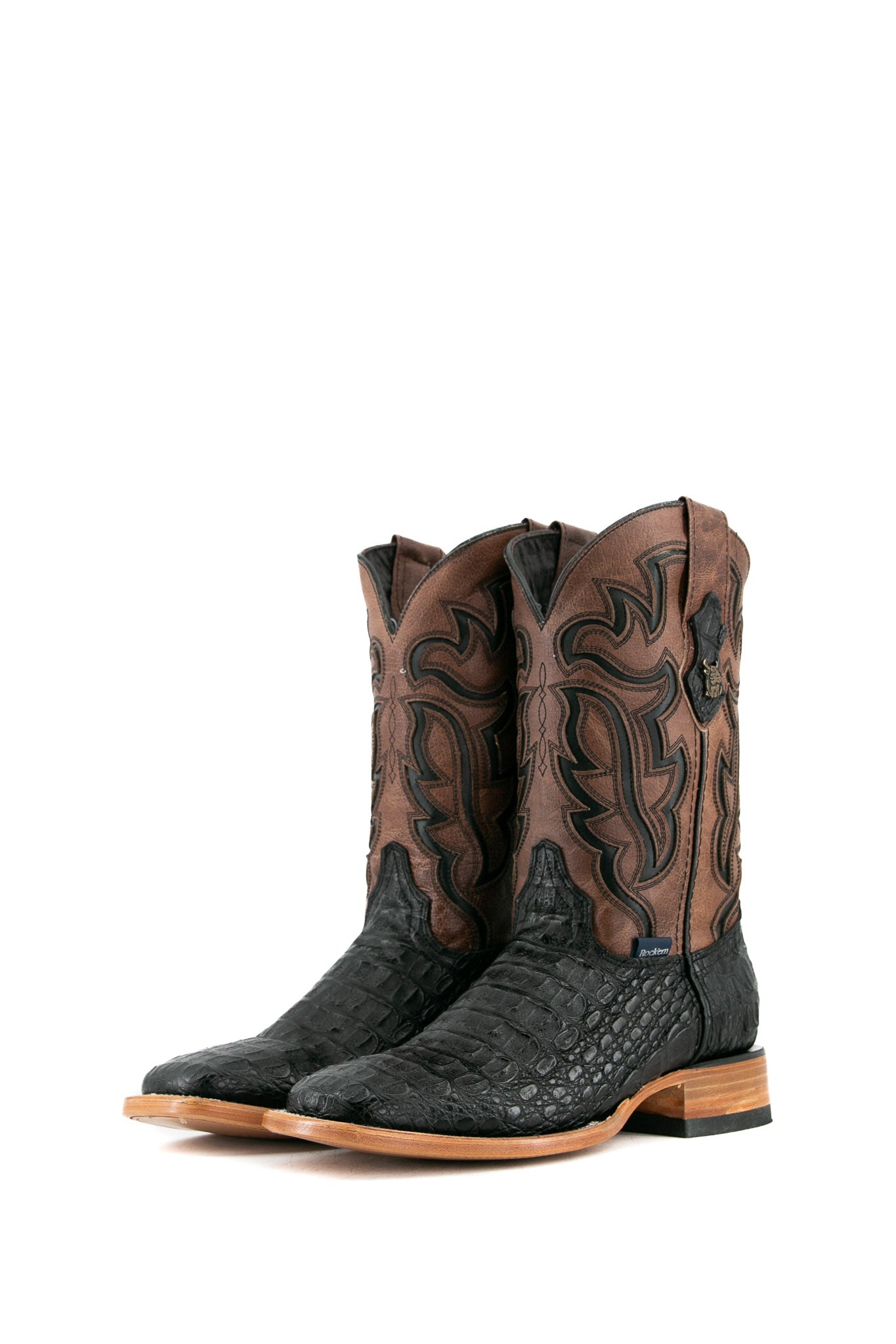 The black Cody Caiman cowboy boots are genuine leather, featuring a square toe, caiman print vamp, black embroidery shaft, rubber heel.