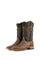 The Ostrich Matte Rustic boots in Saddle Brown feature a square toe, ostrich quill texture, a brown leather shaft with brown embroidery, and a stacked leather heel.