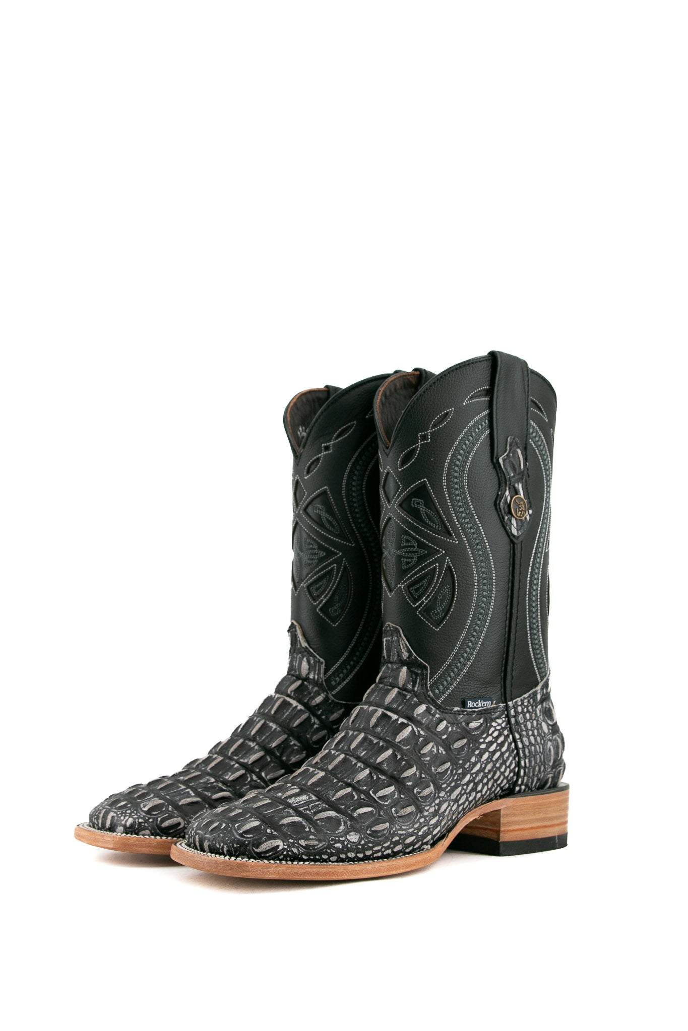 The black safari Giant Caiman Hornback cowboy boots are genuine leather, featuring a square toe, black caiman print vamp, black shaft with embroidery, rubber heel. 