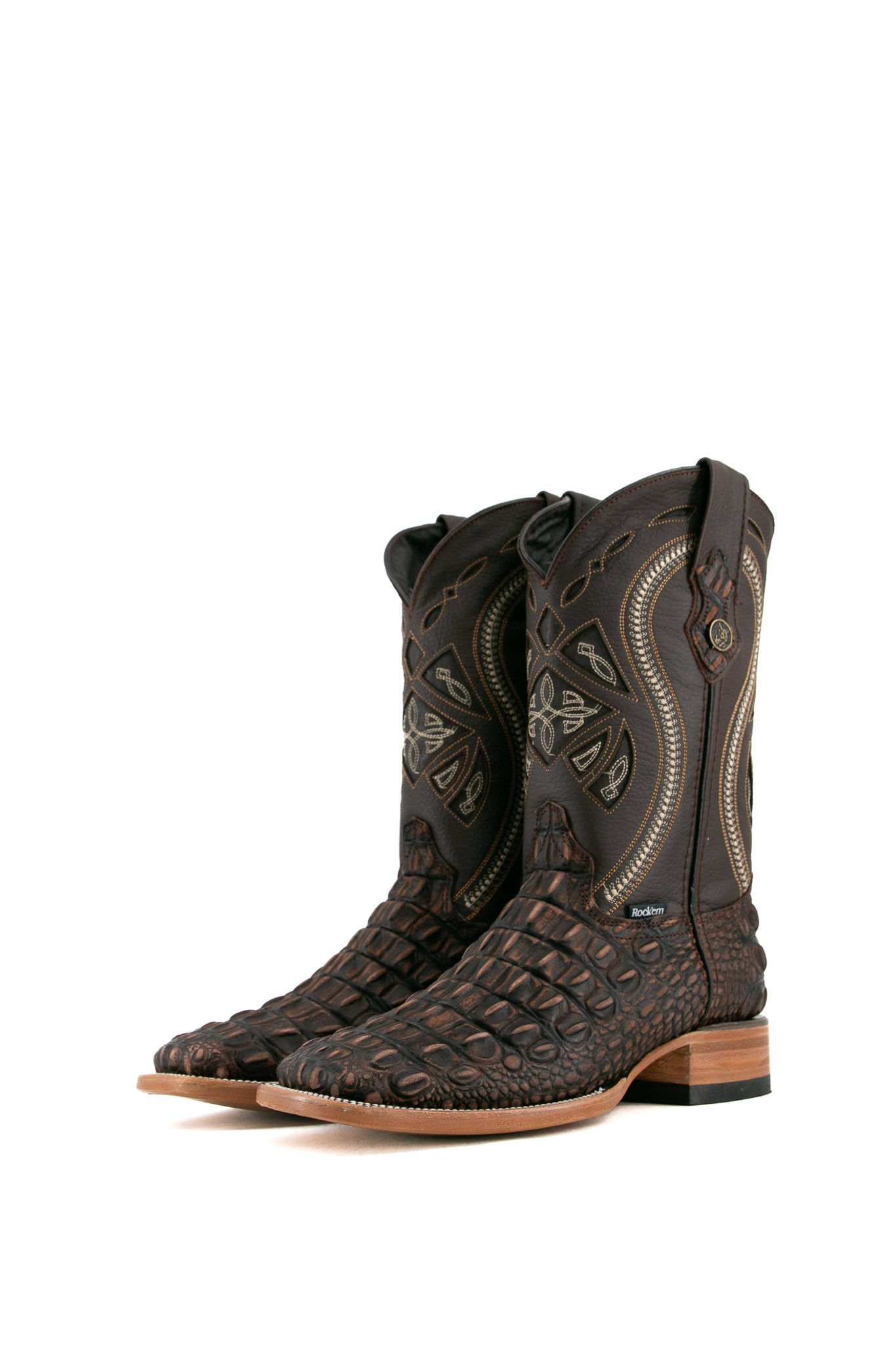The rustic brown Giant Caiman Hornback cowboy boots are genuine leather, featuring a square toe, Sheron caiman print vamp, brown shaft with embroidery, rubber heel. 