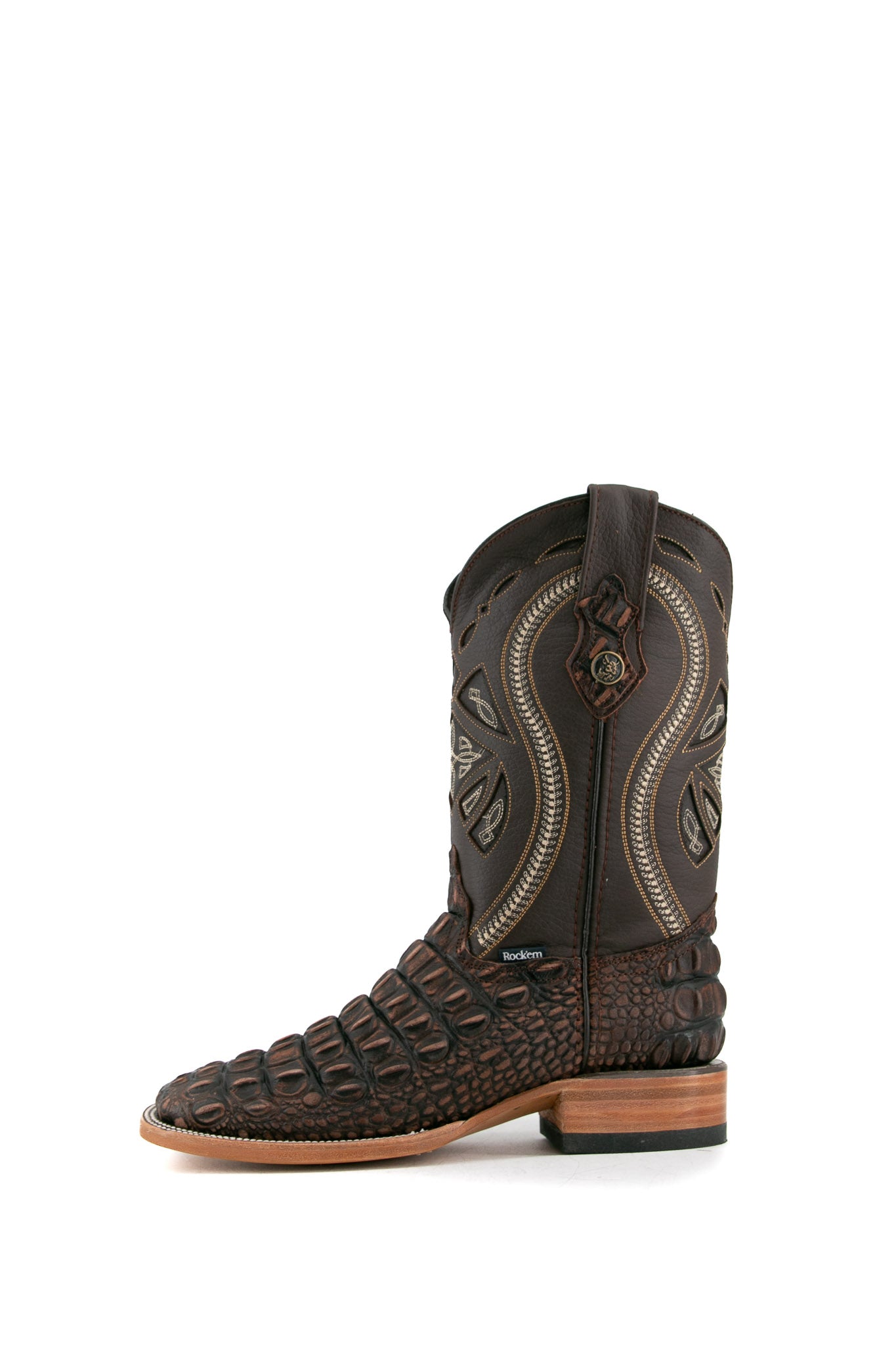 Side view of rustic brown Giant Caiman Hornback cowboy boots in genuine leather, featuring a square toe, brown caiman print vamp, brown embroidered shaft, and rubber heel.