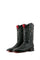 The black Bruce Python Red Bottom  cowboy boots are genuine leather, featuring a square toe, python print vamp,  black shaft with white embroidery, rubber heel, and a red sole. 