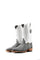 The Maverick boots feature a grey suede vamp, white shaft, round toe, sturdy leather sole, and rubber heel.
